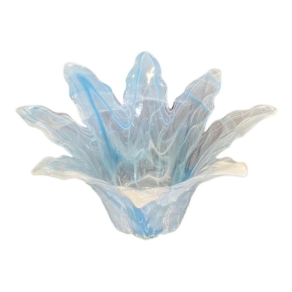 NWT Murano Glass Ice Blue White Fluted Dish Made In Italy - Picture 1 of 4